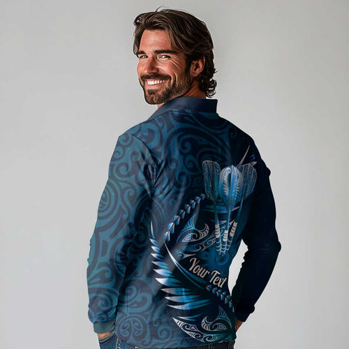 Personalised All Blue New Zealand Darts Long Sleeve Polo Shirt Aoteroa Fern Maori Galaxy Style