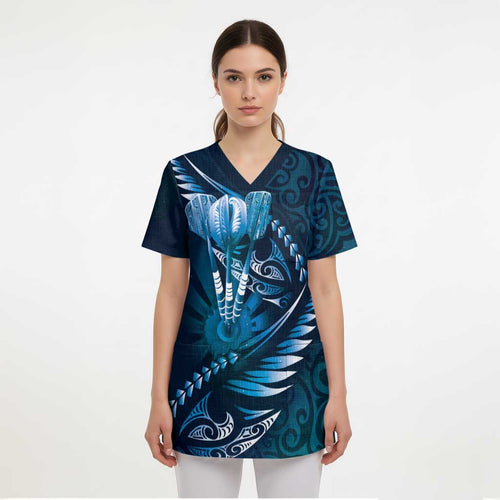 Personalised All Blue New Zealand Darts Scrub Top Aoteroa Fern Maori Galaxy Style - Aussie Hoodie
