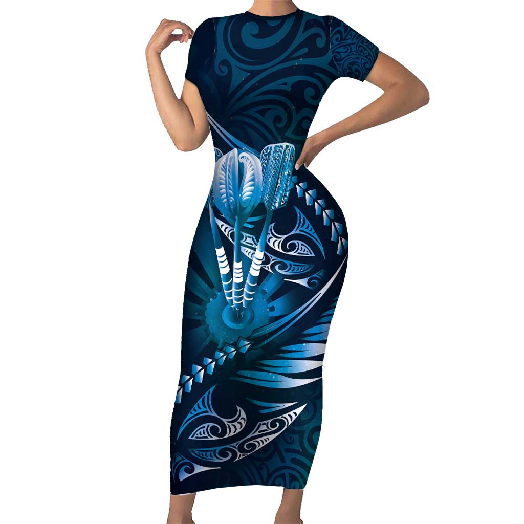 Personalised All Blue New Zealand Darts Short Sleeve Bodycon Dress Aoteroa Fern Maori Galaxy Style