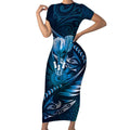 Personalised All Blue New Zealand Darts Short Sleeve Bodycon Dress Aoteroa Fern Maori Galaxy Style