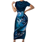 Personalised All Blue New Zealand Darts Short Sleeve Bodycon Dress Aoteroa Fern Maori Galaxy Style