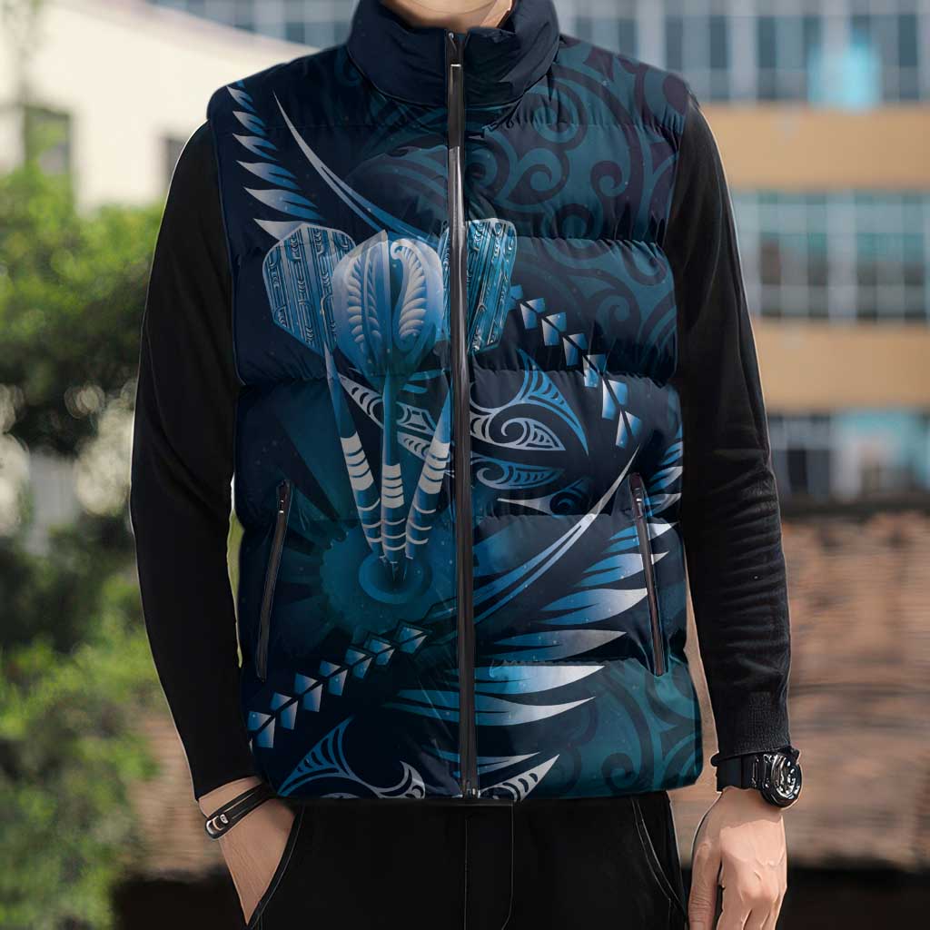Personalised All Blue New Zealand Darts Sleeveless Puffer Jacket Aoteroa Fern Maori Galaxy Style - Aussie Hoodie