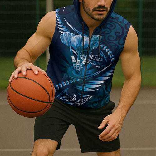 Personalised All Blue New Zealand Darts Sleeveless Zip Hoodie Aoteroa Fern Maori Galaxy Style LT14