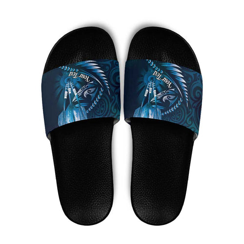 Personalised All Blue New Zealand Darts Slide Sandals Aoteroa Fern Maori Galaxy Style - Aussie Hoodie