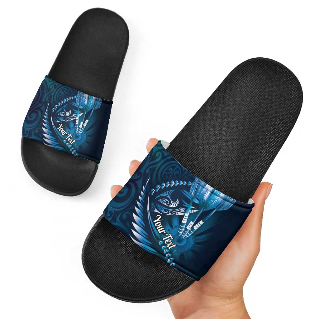 Personalised All Blue New Zealand Darts Slide Sandals Aoteroa Fern Maori Galaxy Style - Aussie Hoodie