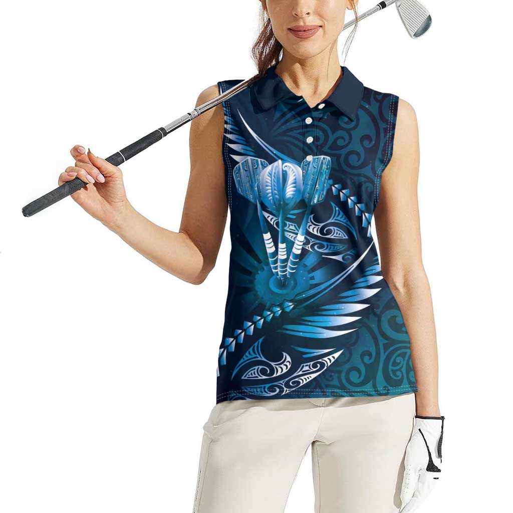 Personalised All Blue New Zealand Darts Women Sleeveless Polo Shirt Aoteroa Fern Maori Galaxy Style