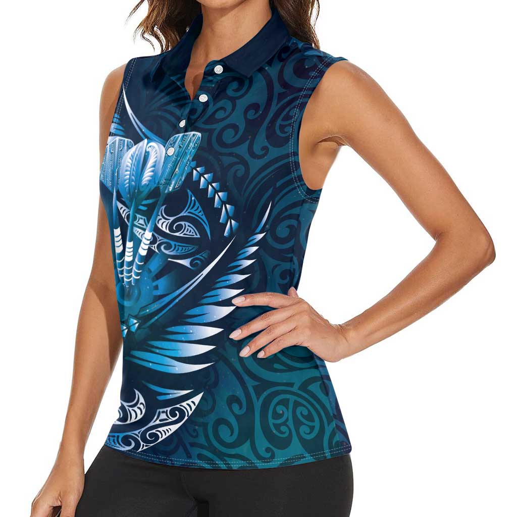 Personalised All Blue New Zealand Darts Women Sleeveless Polo Shirt Aoteroa Fern Maori Galaxy Style