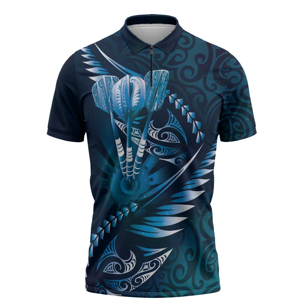 Personalised All Blue New Zealand Darts Zipper Polo Shirt Aoteroa Fern Maori Galaxy Style - Aussie Hoodie