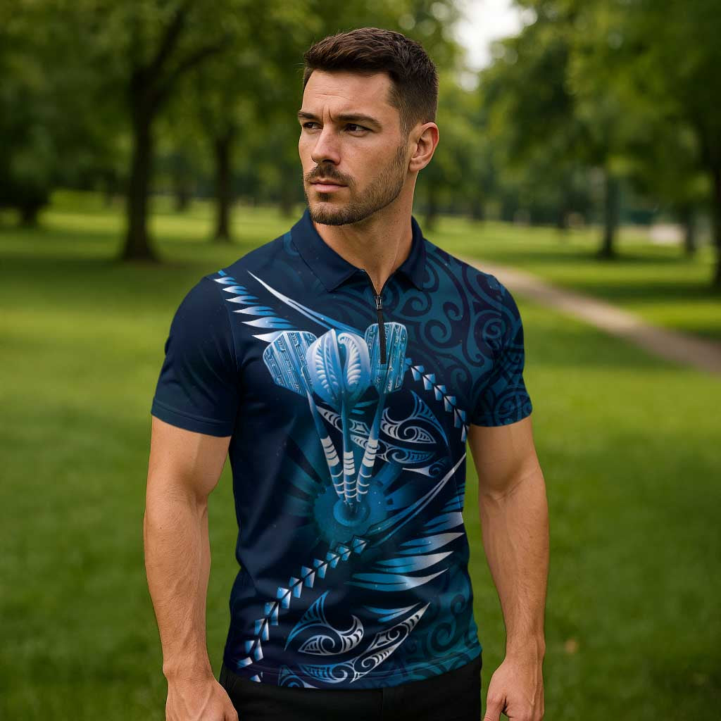 Personalised All Blue New Zealand Darts Zipper Polo Shirt Aoteroa Fern Maori Galaxy Style - Aussie Hoodie