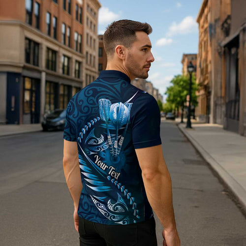 Personalised All Blue New Zealand Darts Zipper Polo Shirt Aoteroa Fern Maori Galaxy Style - Aussie Hoodie
