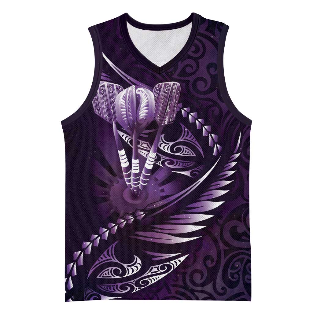 Personalised All Purple New Zealand Darts Basketball Jersey Aoteroa Fern Maori Galaxy Style - Aussie Hoodie
