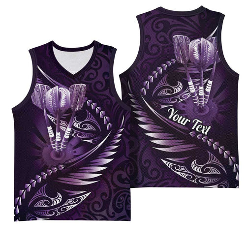 Personalised All Purple New Zealand Darts Basketball Jersey Aoteroa Fern Maori Galaxy Style - Aussie Hoodie