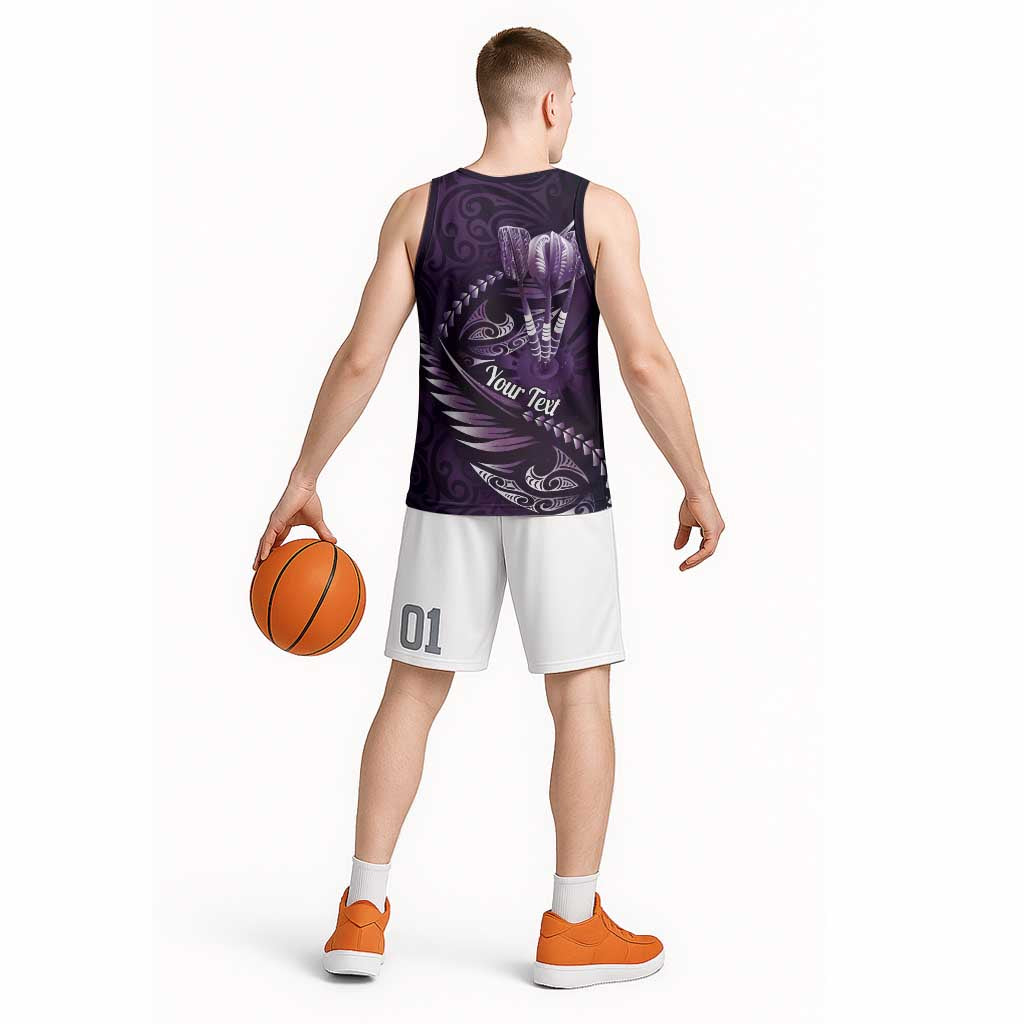 Personalised All Purple New Zealand Darts Basketball Jersey Aoteroa Fern Maori Galaxy Style - Aussie Hoodie