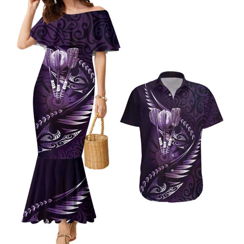 Personalised All Purple New Zealand Darts Couples Matching Mermaid Dress and Hawaiian Shirt Aoteroa Fern Maori Galaxy Style