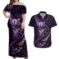 Personalised All Purple New Zealand Darts Couples Matching Off Shoulder Maxi Dress and Hawaiian Shirt Aoteroa Fern Maori Galaxy Style