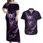 Personalised All Purple New Zealand Darts Couples Matching Off Shoulder Maxi Dress and Hawaiian Shirt Aoteroa Fern Maori Galaxy Style