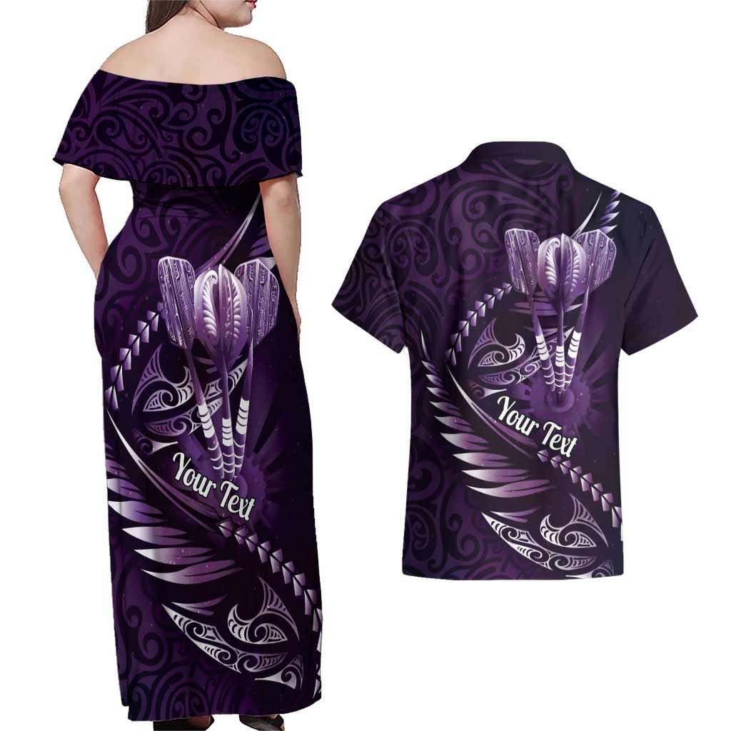 Personalised All Purple New Zealand Darts Couples Matching Off Shoulder Maxi Dress and Hawaiian Shirt Aoteroa Fern Maori Galaxy Style
