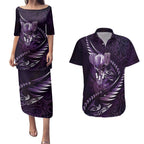 Personalised All Purple New Zealand Darts Couples Matching Puletasi and Hawaiian Shirt Aoteroa Fern Maori Galaxy Style