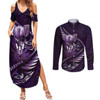Personalised All Purple New Zealand Darts Couples Matching Summer Maxi Dress and Long Sleeve Button Shirt Aoteroa Fern Maori Galaxy Style