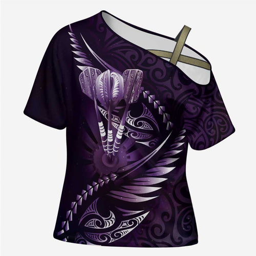 Personalised All Purple New Zealand Darts Cross Shoulder Shirt Aoteroa Fern Maori Galaxy Style - Aussie Hoodie