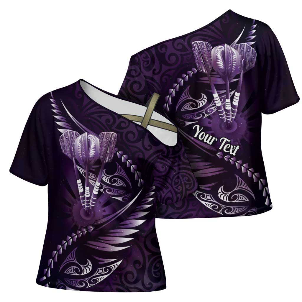 Personalised All Purple New Zealand Darts Cross Shoulder Shirt Aoteroa Fern Maori Galaxy Style - Aussie Hoodie