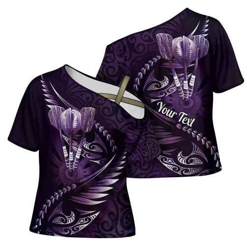 Personalised All Purple New Zealand Darts Cross Shoulder Shirt Aoteroa Fern Maori Galaxy Style - Aussie Hoodie