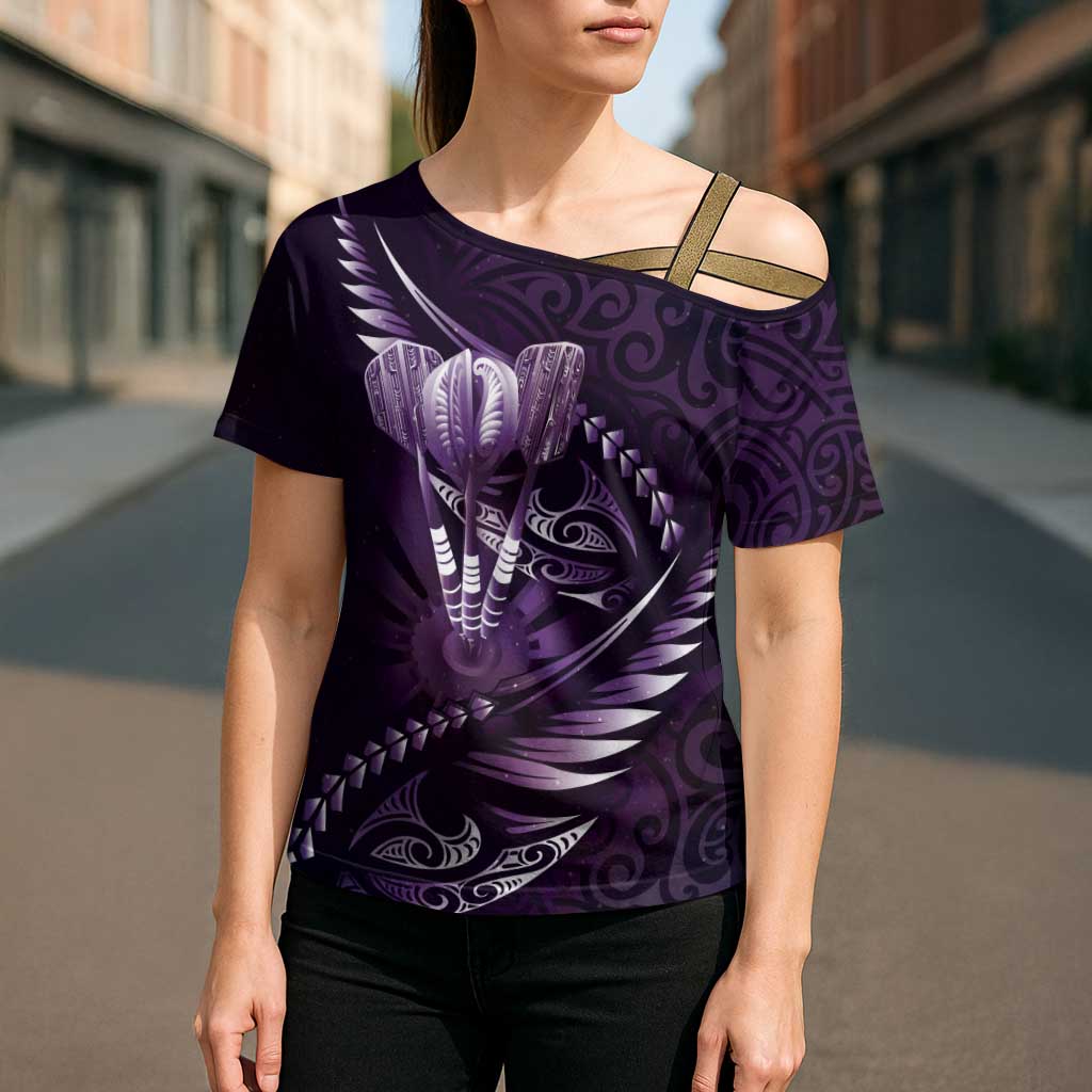 Personalised All Purple New Zealand Darts Cross Shoulder Shirt Aoteroa Fern Maori Galaxy Style - Aussie Hoodie