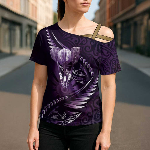 Personalised All Purple New Zealand Darts Cross Shoulder Shirt Aoteroa Fern Maori Galaxy Style - Aussie Hoodie