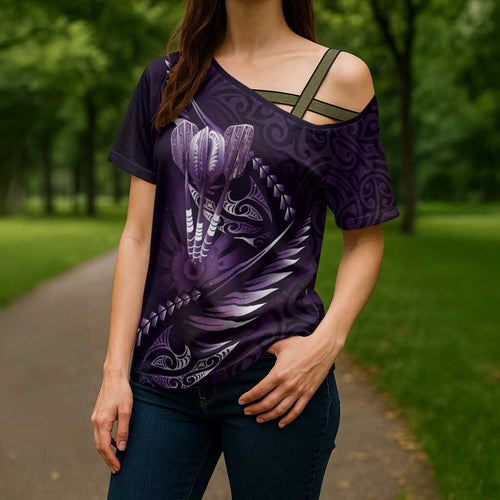 Personalised All Purple New Zealand Darts Cross Shoulder Shirt Aoteroa Fern Maori Galaxy Style - Aussie Hoodie