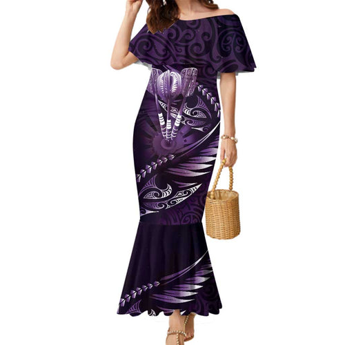 Personalised All Purple New Zealand Darts Family Matching Mermaid Dress and Hawaiian Shirt Aoteroa Fern Maori Galaxy Style
