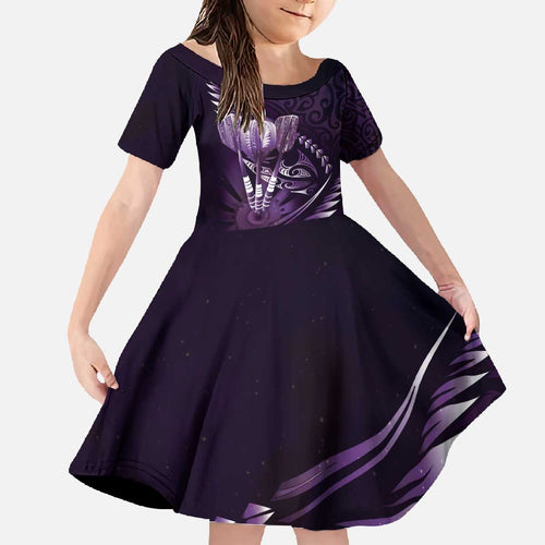 Personalised All Purple New Zealand Darts Family Matching Off The Shoulder Long Sleeve Dress and Hawaiian Shirt Aoteroa Fern Maori Galaxy Style