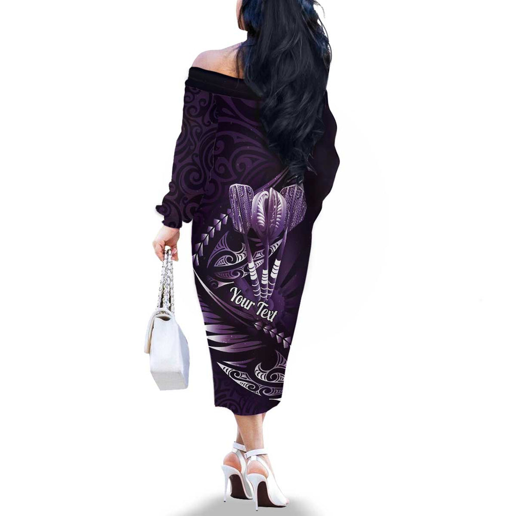 Personalised All Purple New Zealand Darts Family Matching Off The Shoulder Long Sleeve Dress and Hawaiian Shirt Aoteroa Fern Maori Galaxy Style