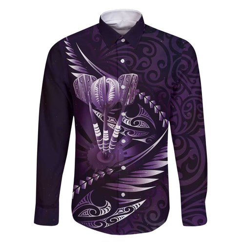Personalised All Purple New Zealand Darts Family Matching Off Shoulder Maxi Dress and Hawaiian Shirt Aoteroa Fern Maori Galaxy Style