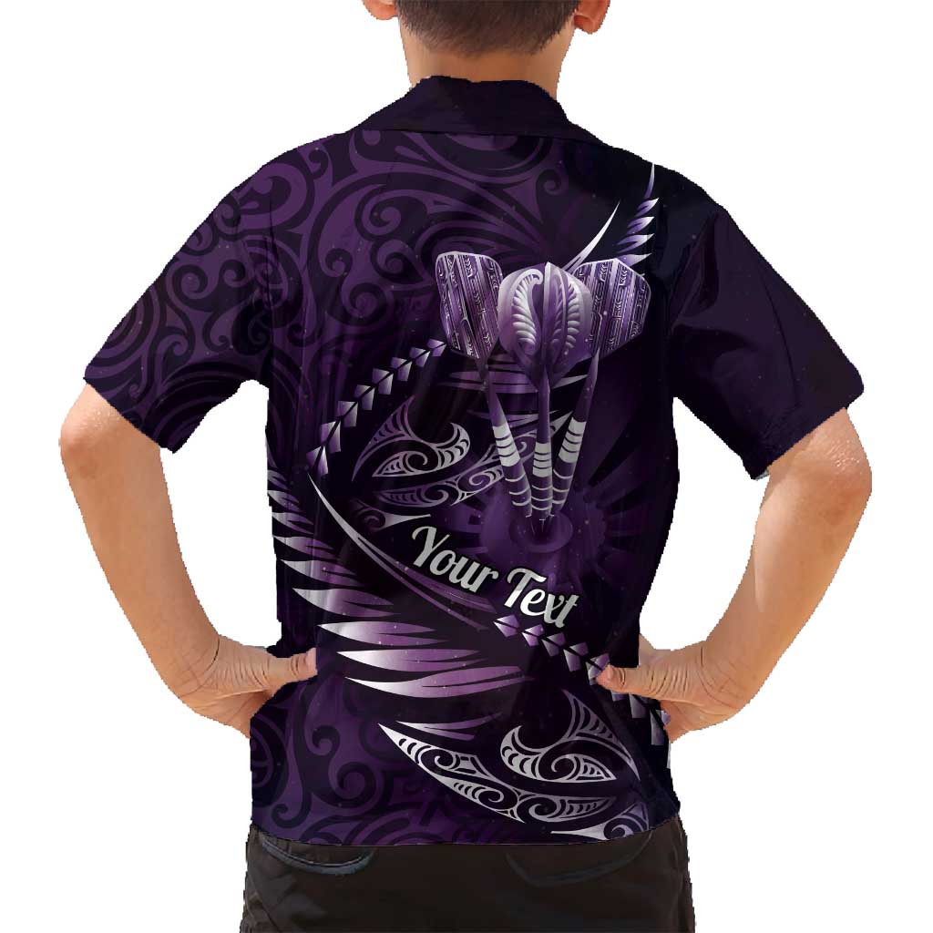 Personalised All Purple New Zealand Darts Family Matching Off Shoulder Short Dress and Hawaiian Shirt Aoteroa Fern Maori Galaxy Style