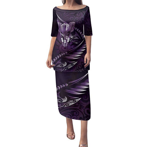Personalised All Purple New Zealand Darts Family Matching Puletasi and Hawaiian Shirt Aoteroa Fern Maori Galaxy Style