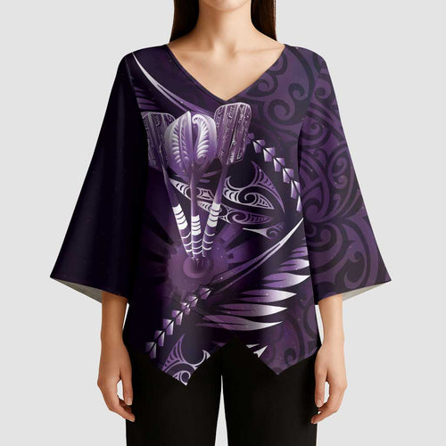 Personalised All Purple New Zealand Darts Kimono Sleeve Blouse Aoteroa Fern Maori Galaxy Style - Aussie Hoodie
