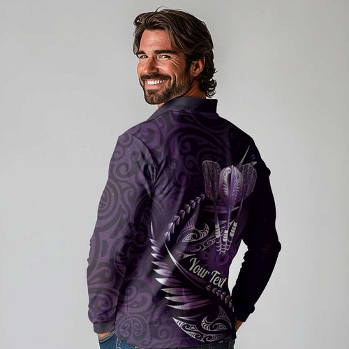 Personalised All Purple New Zealand Darts Long Sleeve Polo Shirt Aoteroa Fern Maori Galaxy Style