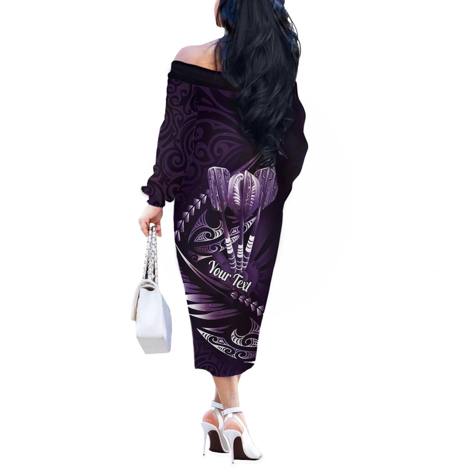 Personalised All Purple New Zealand Darts Off The Shoulder Long Sleeve Dress Aoteroa Fern Maori Galaxy Style