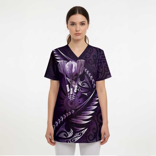 Personalised All Purple New Zealand Darts Scrub Top Aoteroa Fern Maori Galaxy Style - Aussie Hoodie
