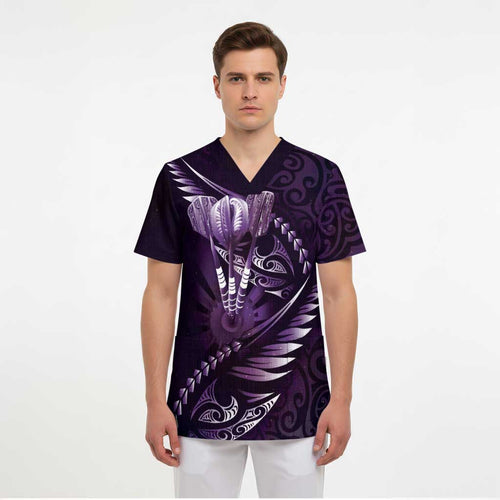 Personalised All Purple New Zealand Darts Scrub Top Aoteroa Fern Maori Galaxy Style - Aussie Hoodie