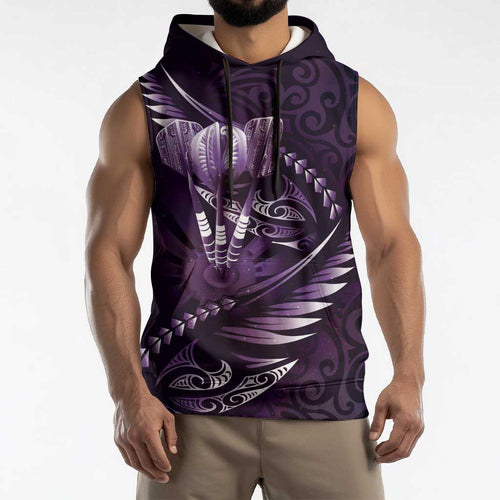 Personalised All Purple New Zealand Darts Sleeveless Hoodie Aoteroa Fern Maori Galaxy Style - Aussie Hoodie
