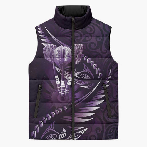 Personalised All Purple New Zealand Darts Sleeveless Puffer Jacket Aoteroa Fern Maori Galaxy Style - Aussie Hoodie