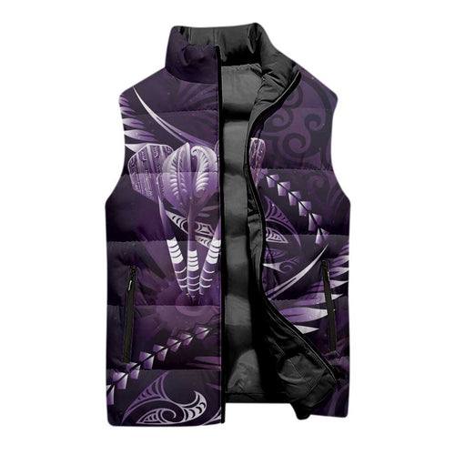 Personalised All Purple New Zealand Darts Sleeveless Puffer Jacket Aoteroa Fern Maori Galaxy Style - Aussie Hoodie