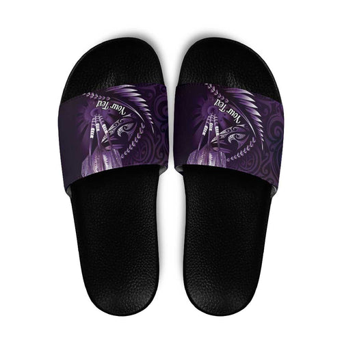 Personalised All Purple New Zealand Darts Slide Sandals Aoteroa Fern Maori Galaxy Style - Aussie Hoodie