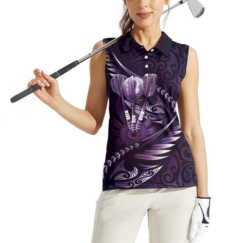 Personalised All Purple New Zealand Darts Women Sleeveless Polo Shirt Aoteroa Fern Maori Galaxy Style