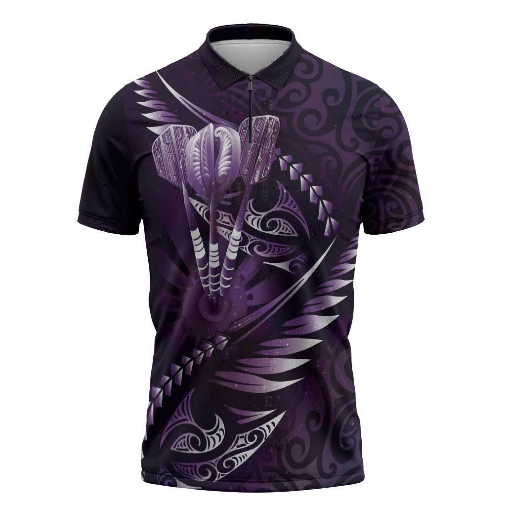 Personalised All Purple New Zealand Darts Zipper Polo Shirt Aoteroa Fern Maori Galaxy Style - Aussie Hoodie