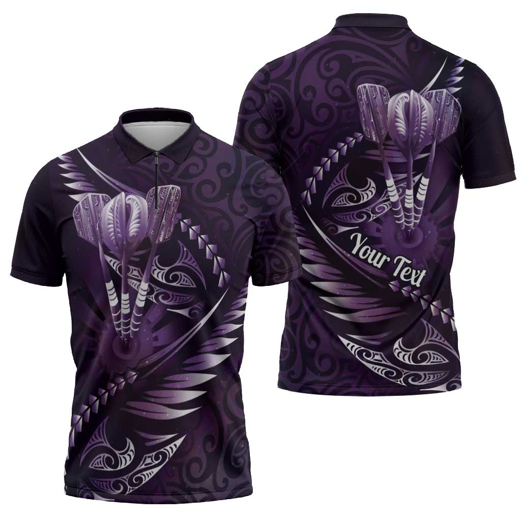 Personalised All Purple New Zealand Darts Zipper Polo Shirt Aoteroa Fern Maori Galaxy Style - Aussie Hoodie