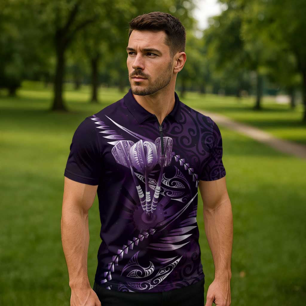 Personalised All Purple New Zealand Darts Zipper Polo Shirt Aoteroa Fern Maori Galaxy Style - Aussie Hoodie