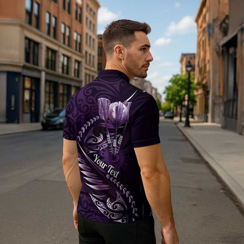 Personalised All Purple New Zealand Darts Zipper Polo Shirt Aoteroa Fern Maori Galaxy Style - Aussie Hoodie