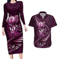 Personalised All Pink New Zealand Darts Couples Matching Long Sleeve Bodycon Dress and Hawaiian Shirt Aoteroa Fern Maori Galaxy Style